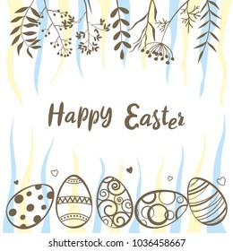 Happy Easter. Easter eggs and wild herbs.