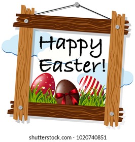 Pascua feliz con huevos en ilustración de marco de madera