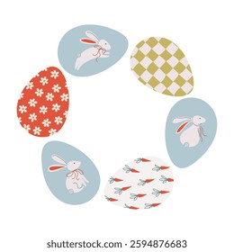 Happy Easter eggs wreath. Cute holiday set for card, banner, textile print. Flat style vector illustration.
