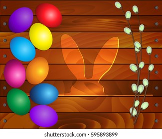 Happy Easter eggs,egg hunt greeting card Easter colored eggs,pussy-willow,Easter bunny rabbit  hunter wood background  advertising,text.Spring holidays,Easter wooden background.Vector illustration