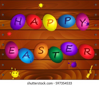 Happy Easter eggs,egg hunt greeting card with Easter colored eggs,Easter lettering text ,blur on wood background. Spring holidays, Easter hunter background. Vector illustration