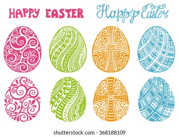 Happy Easter eggs.Hand drawing eggs,titles set.For greeting Card,vector background.Easter egg shape with swirls pattern,hand drawing  lettering.Isolated on white.Vintage decoration,logo symbol