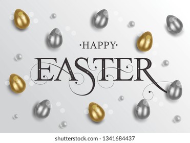 Happy Easter elegant design and beautiful lettering with Easter eggs. Happy Easter typography vector design for greeting cards and poster. Design template celebration. Vector illustration.