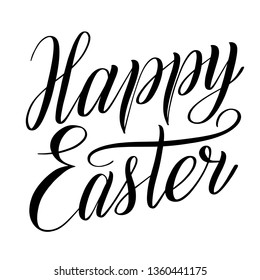 Happy Easter. Elegant design element for greeting cards. Black isolated cursive. Brush pen lettering. Calligraphic style. Hand written inscription. Vector holiday script.