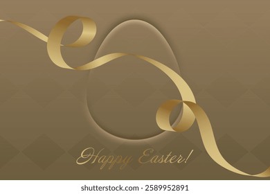 Happy Easter. Elegant golden ribbon sways across a warm beige background, framing a hidden egg shape. Festive greeting card design, symbolizing faith, renewal, resurrection, celebration