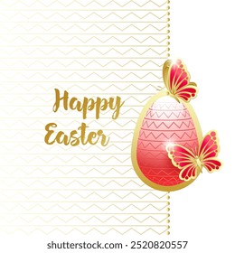 Happy Easter. Elegant greeting card con red easter egg and golden butterflies. Vector illustration.