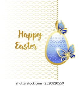 Happy Easter. Elegant greeting card con blue easter egg and golden butterflies. Vector illustration.