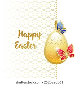 Happy Easter. Elegant greeting card with yellow easter egg and golden butterflies. Vector illustration.