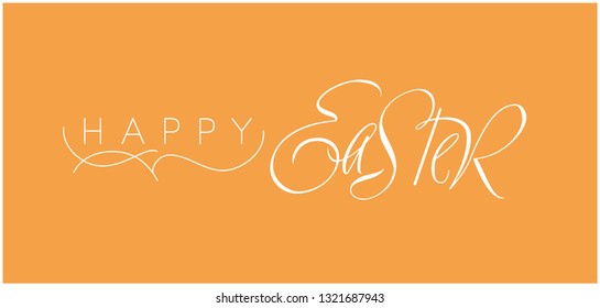 Happy Easter - elegant hand drawn calligraphy; white letters on yellow background. Flat vector illustration for easter design and decoration, greetings, invitations, prints, postcards, posters, web.