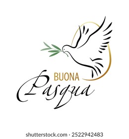 Happy Easter. Elegant inscription "Happy Easter" in italian language with Dove and Olive branch. Vector illustration.