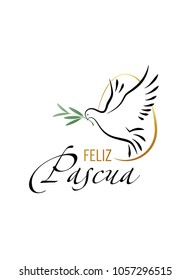 Happy Easter. Elegant inscription "Happy Easter" in spanish language with Dove and Olive branch. Vector illustration.