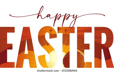 Happy Easter elegant lettering with Calvary and cave on background. Easter Sunday, holy week greeting card with sunrise and three cross. Vector illustration