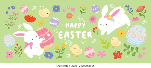 Happy Easter Element Hintergrund Vektor. Handgezeichnetes süßes weißes Kaninchen, Osterei, Küken, Blume, Blattzweig auf Grün. Sammlung von entzückenden Doodle-Design für dekorative, Karte, Kinder, Banner.