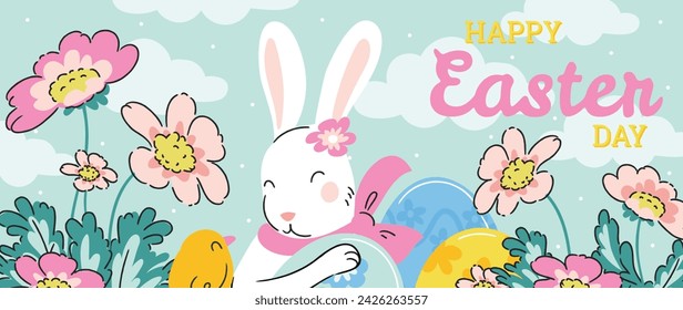 Vector de fondo de elemento de Pascua feliz. Dibujado a mano conejo blanco lindo, huevo de Pascua, flor, hoja, pollo sobre fondo azul. Colección de diseño de garabato adorable para decorativo, tarjeta, niños, banner.