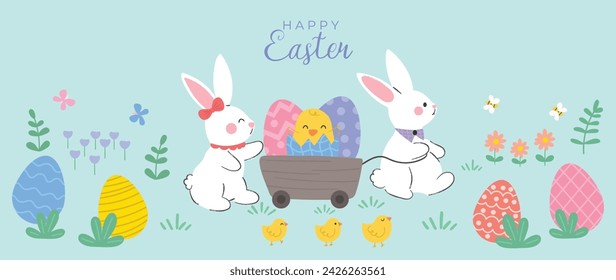 Happy Easter element background vector. Hand drawn cute white rabbit, easter egg, flower, leaf, chick on blue background. Collection of adorable doodle design for decorative, card, kids, banner.