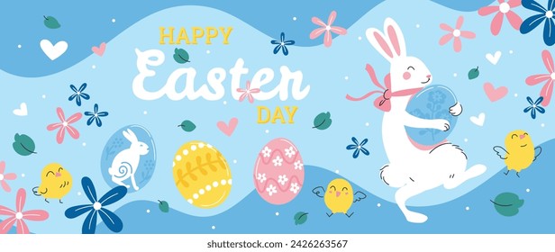 Happy Easter element background vector. Hand drawn cute white rabbit, easter egg, flower, leaf, chick on blue background. Collection of adorable doodle design for decorative, card, kids, banner.