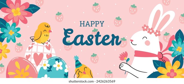 Vector de fondo de elemento de Pascua feliz. Dibujado a mano conejo blanco lindo, huevo de Pascua, flor, hoja, pollito sobre fondo rosa. Colección de diseño de garabato adorable para decorativo, tarjeta, niños, banner.