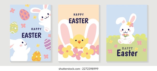 Happy Easter element cover vector set. Cute hand drawn white fluffy rabbit decorate with easter eggs, chicks, flowers, garden, sky. Collection of adorable doodle design for decorative, card, kids.