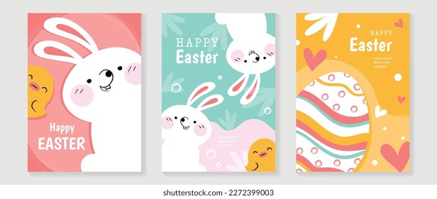 Happy Easter element cover vector set. Hand drawn playful cute rabbit decorate with easter eggs, chicks, heart, vibrant color texture. Collection of adorable doodle design for decorative, card, kids.