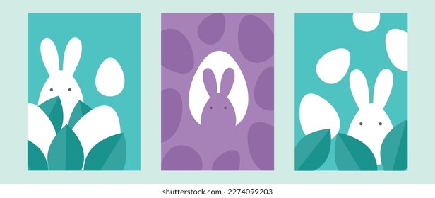 Happy Easter element cover vector set. Hand drawn cute rabbit decorate with easter egg and leaf shapes, silhouette texture background. Collection of adorable doodle design for decorative, card, kids.