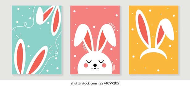 Happy Easter element cover vector set. Cute hand drawn white rabbit decorate with dot texture and line art on colorful background. Collection of adorable doodle design for decorative, card, kids.