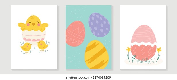 Happy Easter element cover vector set. Hand drawn cute playful chicks decorate with easter eggs and flowers on pastel background. Collection of adorable doodle design for decorative, card, kids.