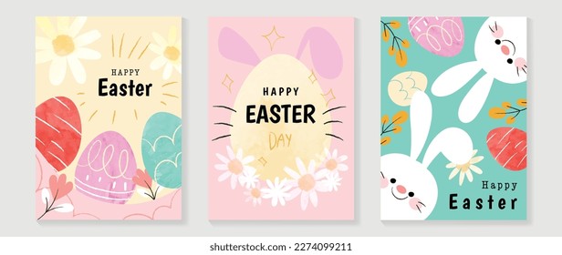 Happy Easter element cover vector set. Hand drawn playful cute white rabbit decorate with watercolor easter eggs, flowers, leaf branch. Collection of adorable doodle design for decorative, card, kids.