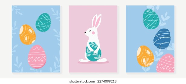 Happy Easter element cover vector set. Hand drawn cute white rabbit decorate with easter eggs and leaf branch on pastel background. Collection of adorable doodle design for decorative, card, kids.