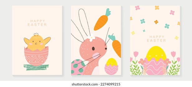 Happy Easter element cover vector set. Hand drawn cute rabbit and chick decorate with easter eggs, carrot, flowers, pastel background. Collection of adorable doodle design for decorative, card, kids.