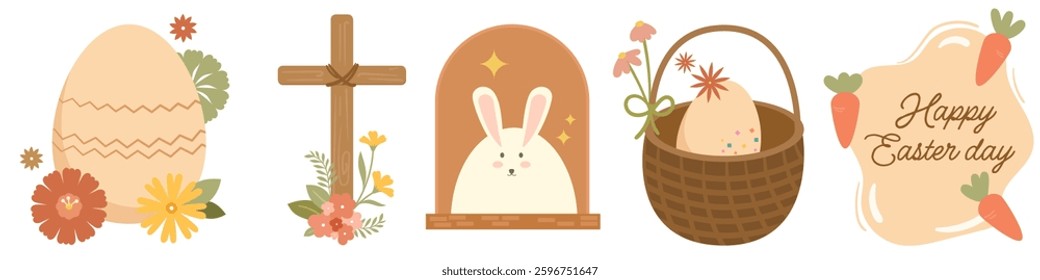 Happy Easter Elements for card, poster, banner and greetings card. Festive Celebration. Bunnies flowers, easter eggs and basket vector.