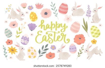 Happy Easter elements collection, cute festive bunnies, eggs and flowers. Vector illustration in pastel colours