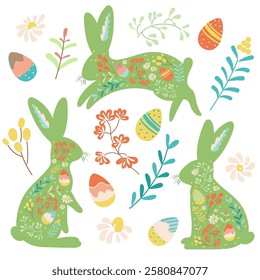 Happy Easter elements collection. Cute spring bunnies with floral texture, eggs and plants. Colorful flat vector templates for social media post, online advertising, flyer, invitation square design