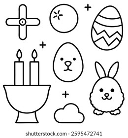 Happy Easter elements collection, flat icons set, Colorful symbols pack contains - Easter Egg, Calendar day, Holy Goblet, Candle, Chicken, Rabbit, Church Cross. Vector illustration