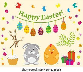 Happy Easter. Elements of Easter design. Easter eggs and cake, twigs and flowers, Easter bunny and chick.