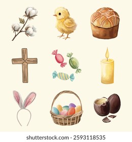 Happy Easter elements with eggs in a basket, bread, cross, sweets, chick, candle, and cotton bolls, festive holiday illustration with traditional spring symbols and decorations