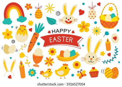 Happy easter elements flat design. Easter set with object and decorations on white background.