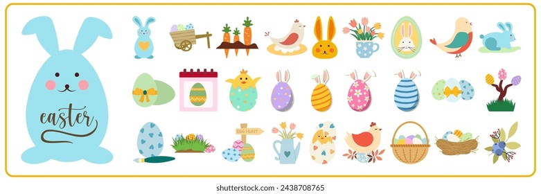 Happy Easter elements flat vector. Easter signs colorful set holiday spring