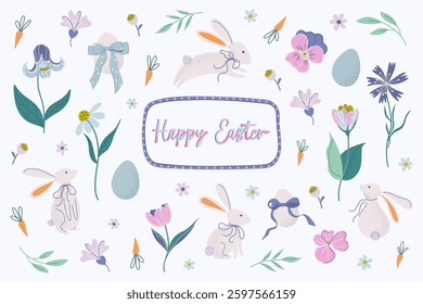 Happy Easter elements set with cute bunnies, eggs, flowers, bows. Beautiful springtime collection in pastel colours. Hand drawn flat design vector illustration.