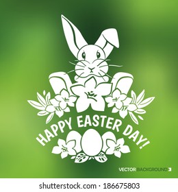 Happy easter emblem with bunny, eggs and flowers on unfocused background