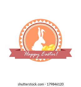 Happy Easter emblem with a cute bunny and golden eggs