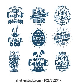 Happy easter emblem set typography style isolated on background for greeting card text templates, label, badges, decoration, sale banner, party, poster, promotion, tag, decoration. Vector Illustration