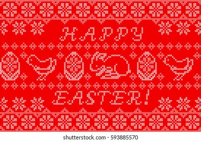 Happy Easter Embroidered Handmade Cross stitch Ethnic Greeting Card on the Red Background. Vector Seamless Pattern. Set of Easter Design Elements, Vintage.