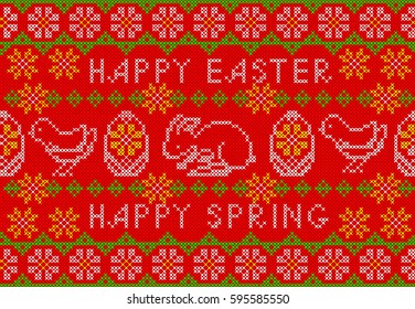 Happy Easter Embroidered Handmade Cross stitch Ethnic Greeting Card on the Red Background. Vector Seamless Pattern. Set of Easter Design Elements, Vintage.