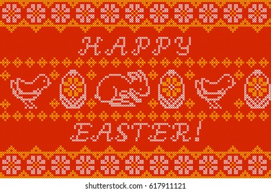 Happy Easter Embroidered Handmade Cross stitch Ethnic Greeting Card. Vector Seamless Pattern. Set of Easter Design Elements, Vintage.