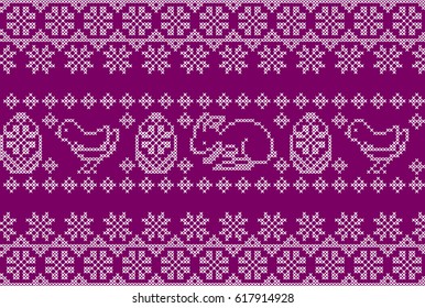 Happy Easter Embroidered Handmade Cross stitch Ethnic Greeting Card. Vector Seamless Pattern. 