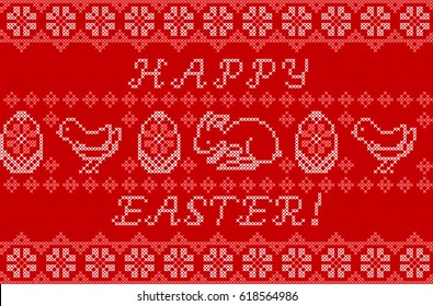 Happy Easter Embroidered Handmade Cross stitch Ethnic Greeting Card on the Red Background. Vector Seamless Pattern. Set of Easter Design Elements, Vintage.