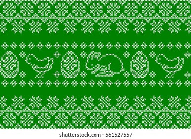 Happy Easter Embroidered Handmade Cross-stitch Ethnic Greeting Card with Hearts on Green Background. Vector Seamless Pattern.