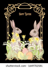 Happy easter Embroidery imitation with a hare, colored eggs and spring flowers. Good for product label with place for text. Colored vector illustration. In art nouveau style, vintage retro style.