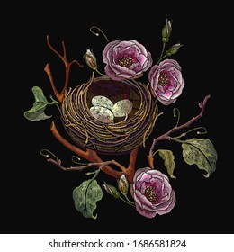 Happy Easter. Embroidery. Wild roses, and and bird nest with eggs. Spring garden art. Template for design of clothes, tapestry