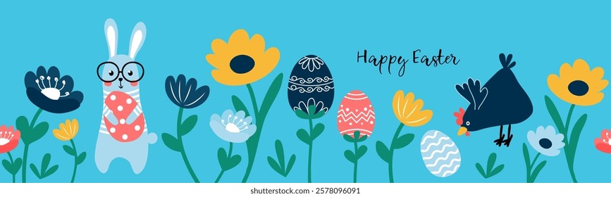 Happy easter. Endless border with cute Easter decor elements on a blue background. Seamless vector repeating pattern. Flat cartoon illustration for textiles, postcards, banners, posters, packaging